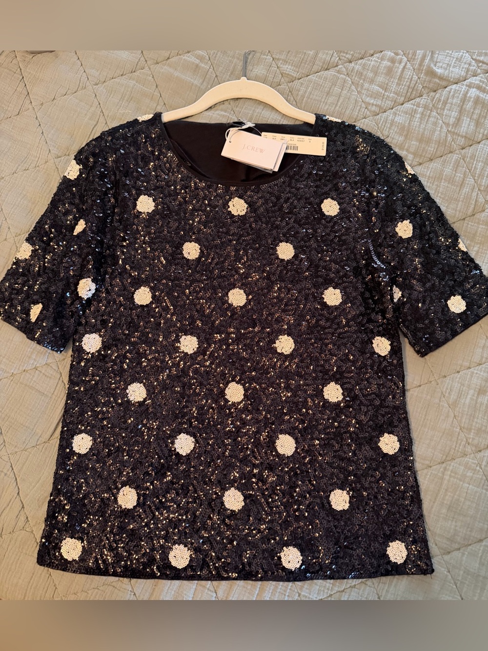 J. Crew Black Sequin Polka Dot Short Sleeve Top with Ivory Dots
